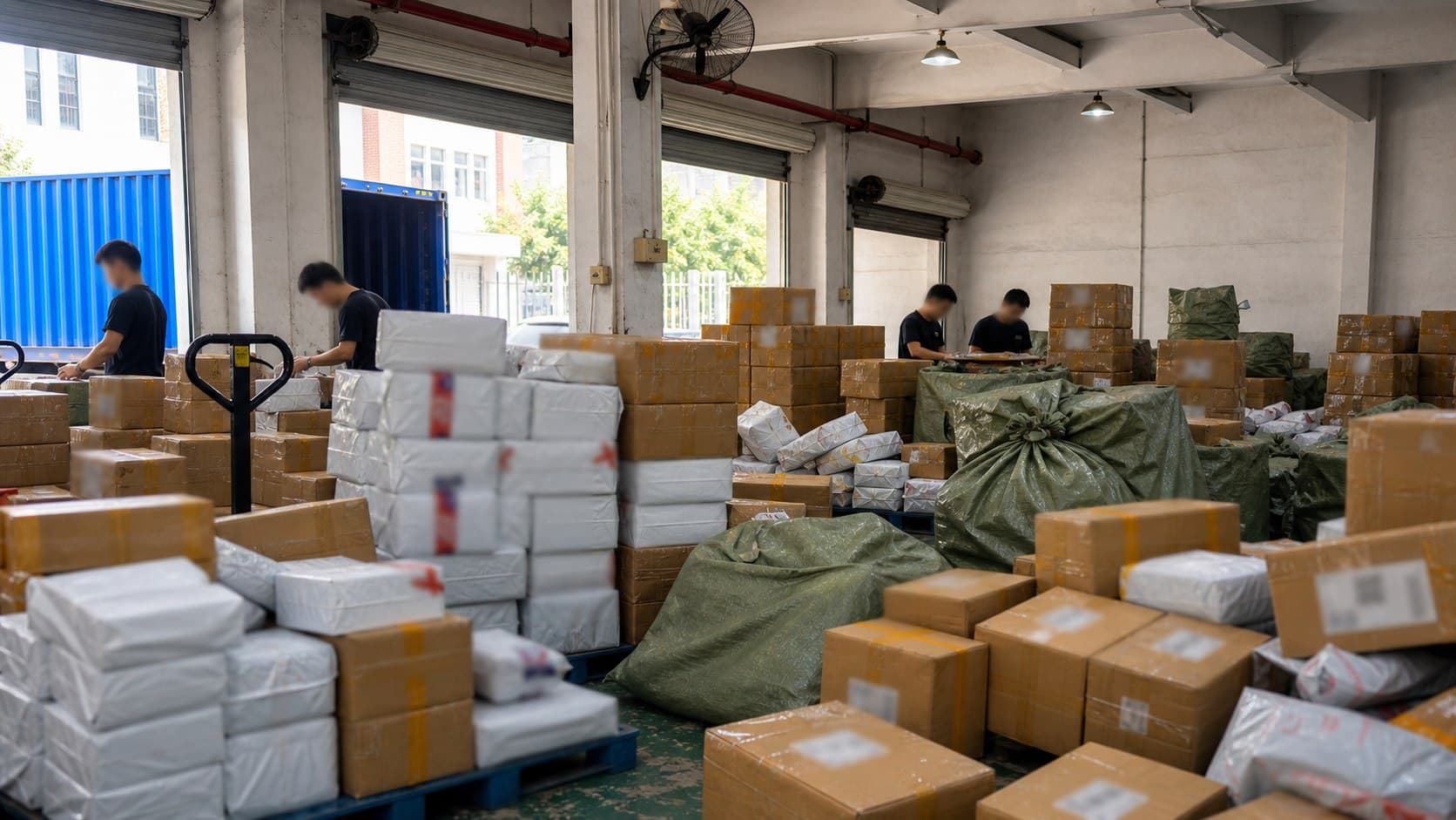 深圳宝安仓库内,工作人员在货物分拣与打包区域进行现场操作
